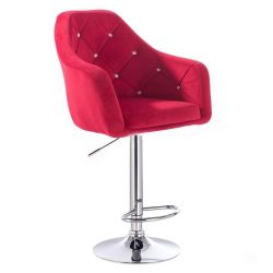 Barová židle ROMA VELUR na kulaté stříbrné podstavě - červená